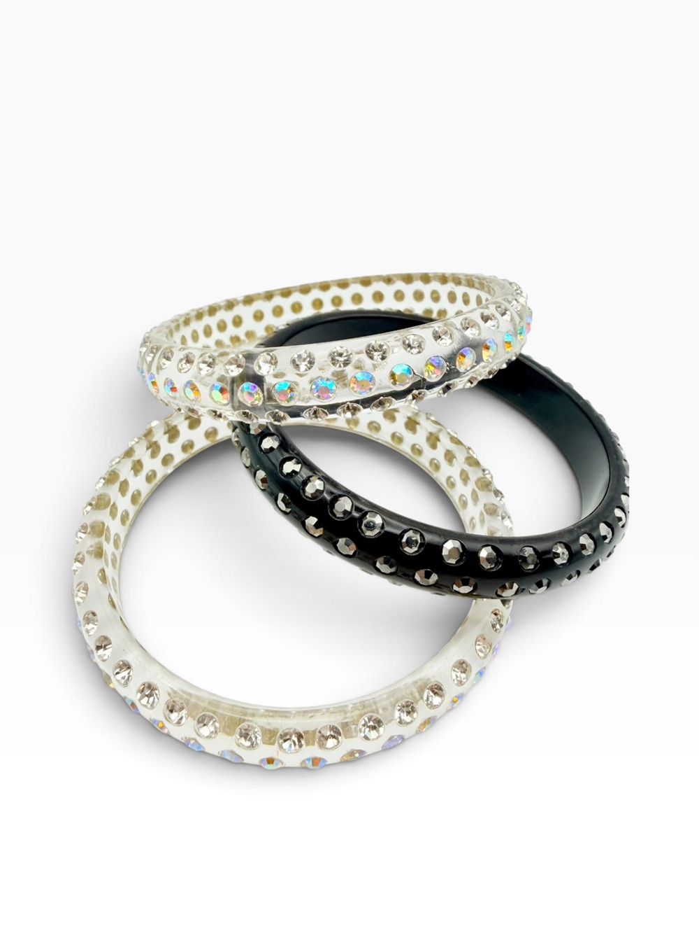 Vintage Clear and Black Lucite Rhinestone Bangles Set of 3